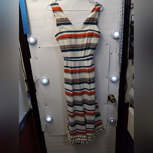 Anthropologie Moon River 55% Linen Tasseled Striped Tie Back Boho Romper Fringe